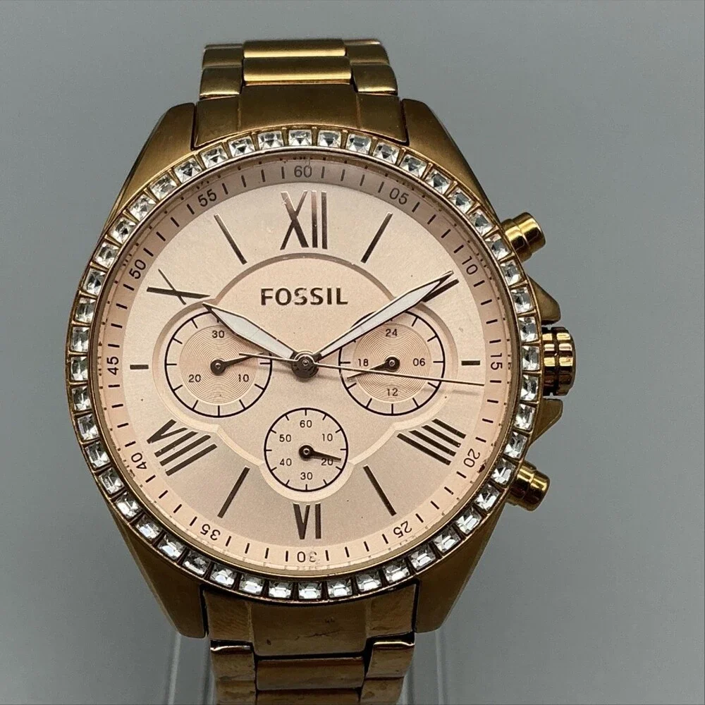 Fossil Womens Watch 40mm Rose Gold Dial Gold Tone Chronograph New Battery 6.75